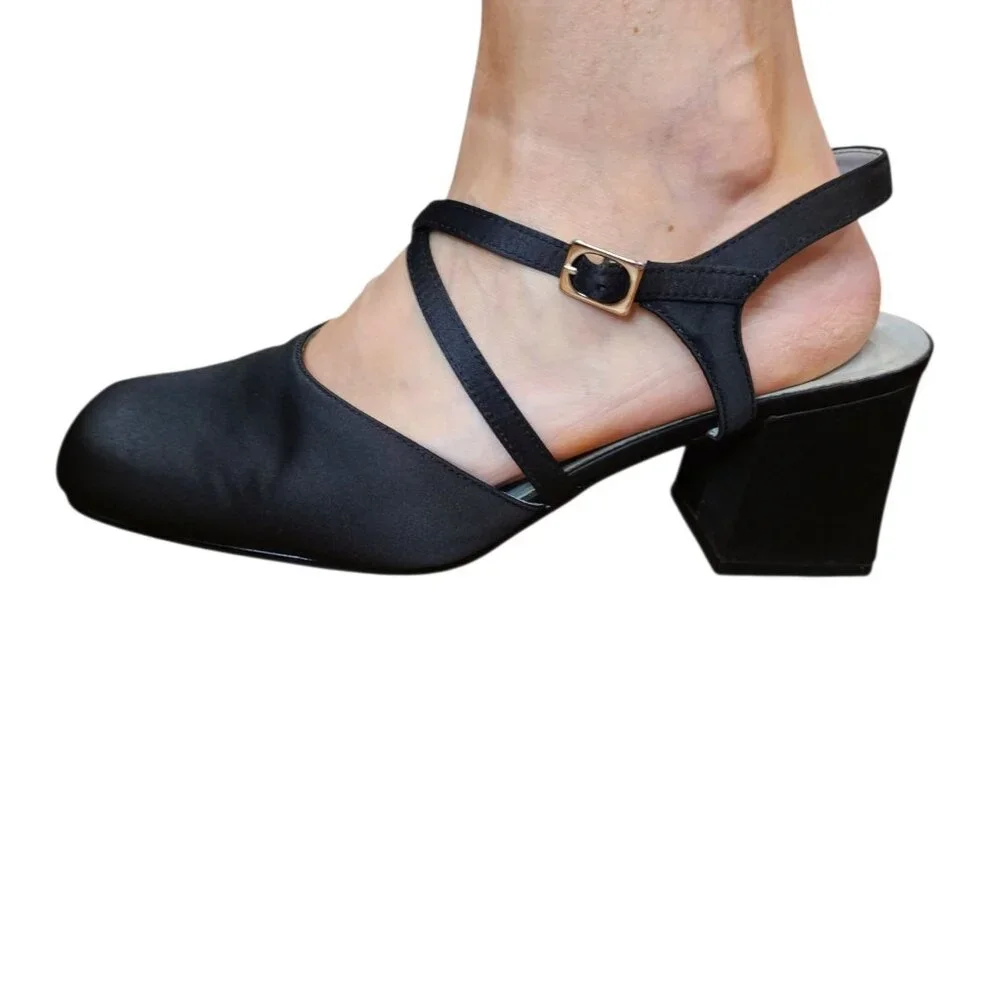 90s Y2K Chunky Heel Square Toe Strappy Mule Black‎ Satin Business Sz 9 2.5